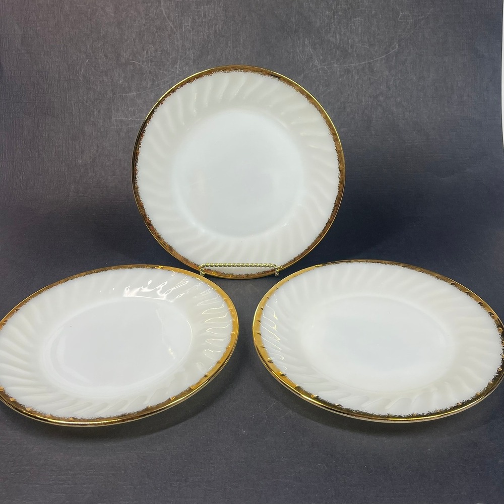 Vintage Fire King Golden Anniversary Milk Glass Dinner Plates Set of 3 Swirl 9"